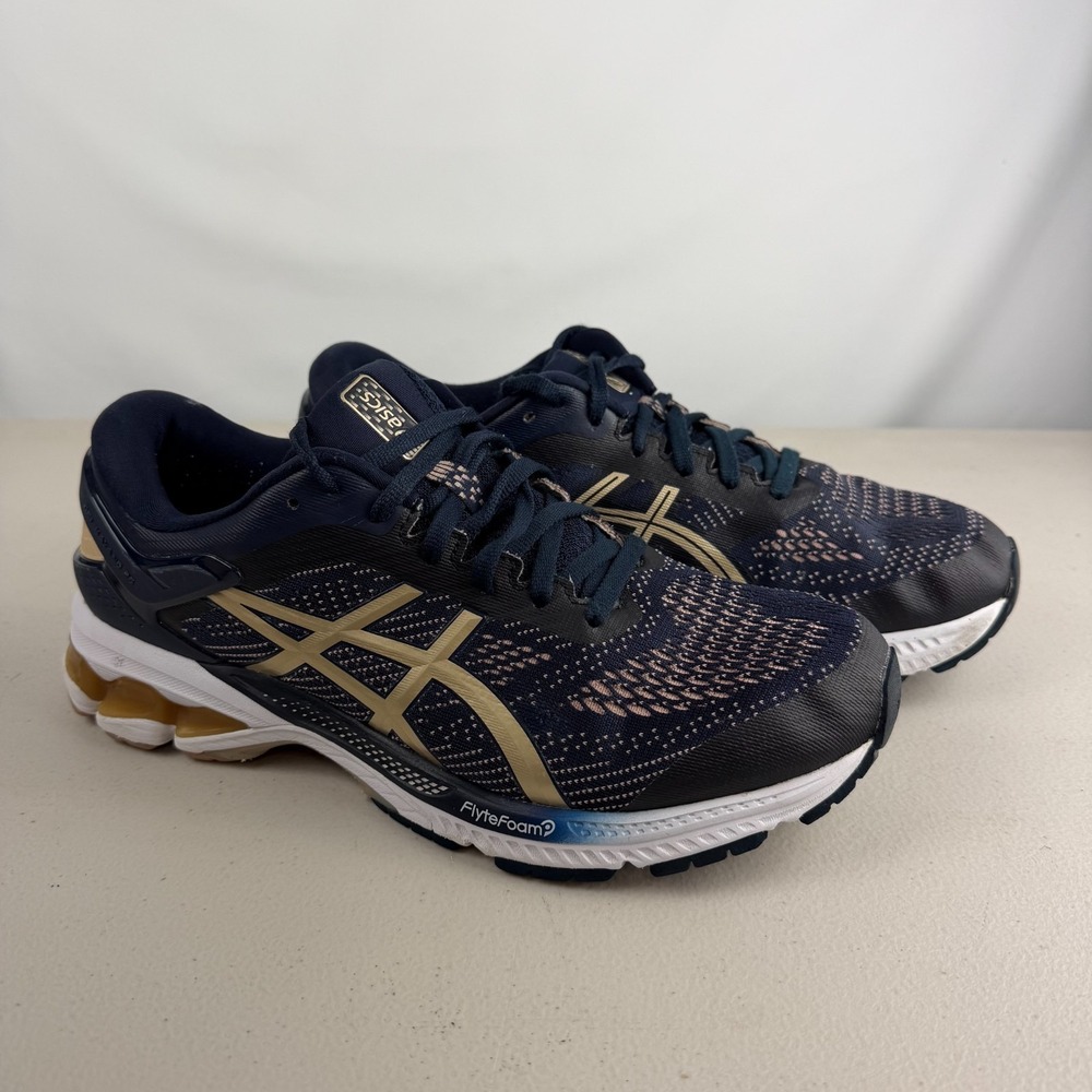 Asics Gel Kayano Womes 26 Navy Blue Gold Running Shoes 1012A459 Sz 10.5